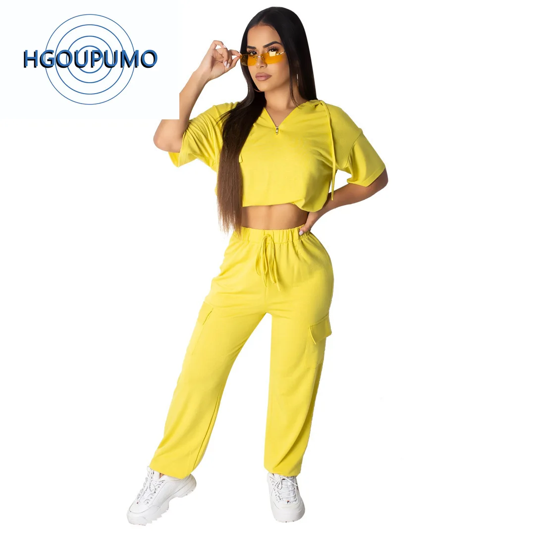 

Neon Yellow Plus Size 2 Piece Tracksuit Women Clothes Short Sleeve Hooded Crop Top And Drawstring Long Pants Casual Sweatsuits