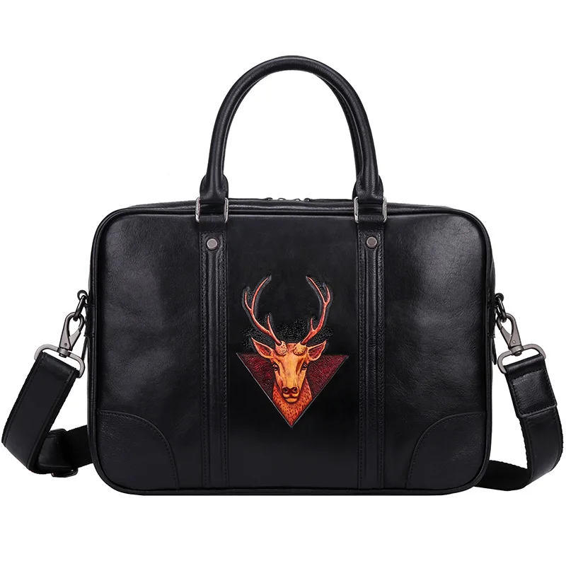 Bussiness Men Black Carving Briefcase Handbags Genuine Leather Casual Totes Man Handbag Messenger Bags Portable Computer  Bag