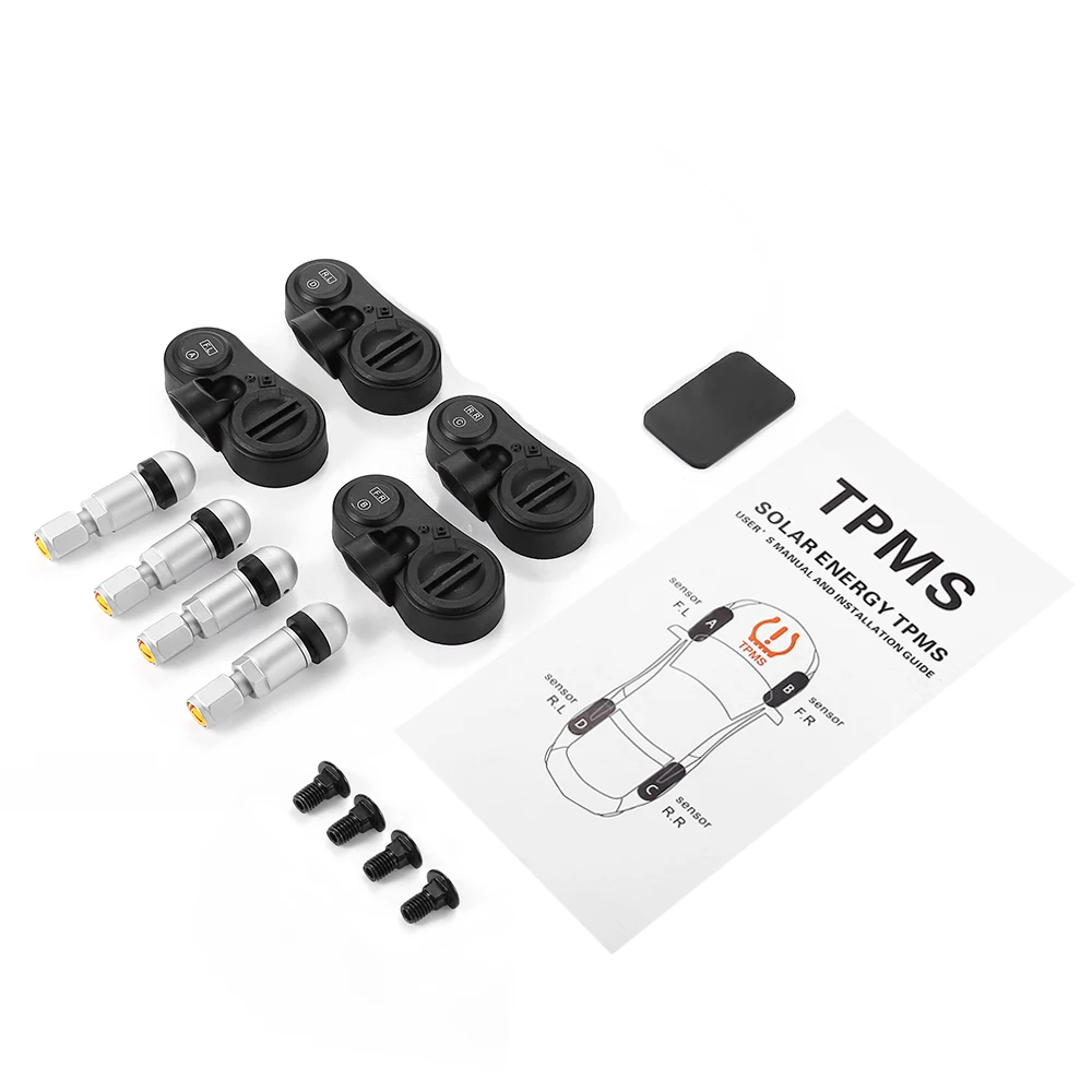 Rectangle Solar Powered TPMS Car Tire Pressure Monitor System 4 External Sensors Temperature Real Time Digital Display Alarm