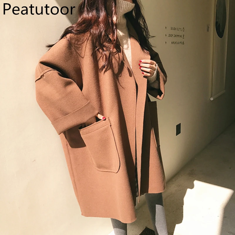 

2018New Hot Women Turn Down Collar Medium Long Blends Casual Cardigan Coats Autumn Winter Pocket Loose Overcoat Female Plus size