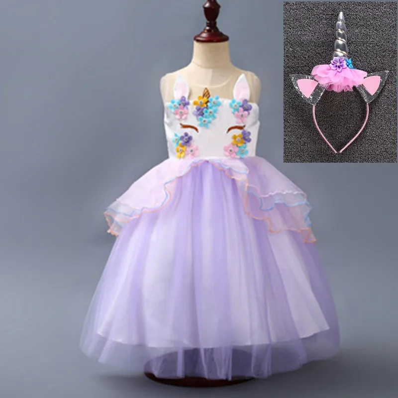 Unicorn Dress Flower Girls Unicorn Tutu Dress Princess Girls Christmas Dress Children Unicorn Party fantasia Girls Dress - Цвет: Purple and headdress