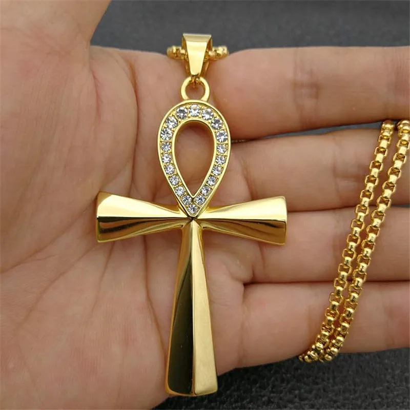 Египетский Iced Out Bling Ankh крест кулон ожерелье женщины мужчины ключ жизни золотой цвет нержавеющая сталь Стразы Египетские украшения