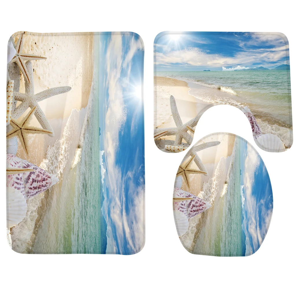 3pcs Bathroom Rug Set Beaches Sea Summer Ocean Seashells Starfish