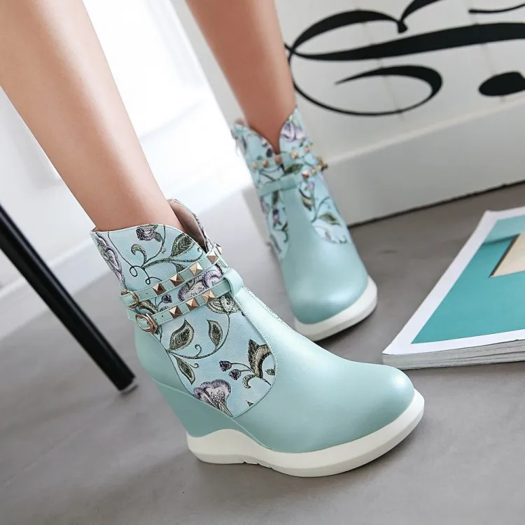 

Womens Shoes Floral Printed Wedge High Heel Platform Ankle Boots PU Leather Rivet Studs 3Colors A681