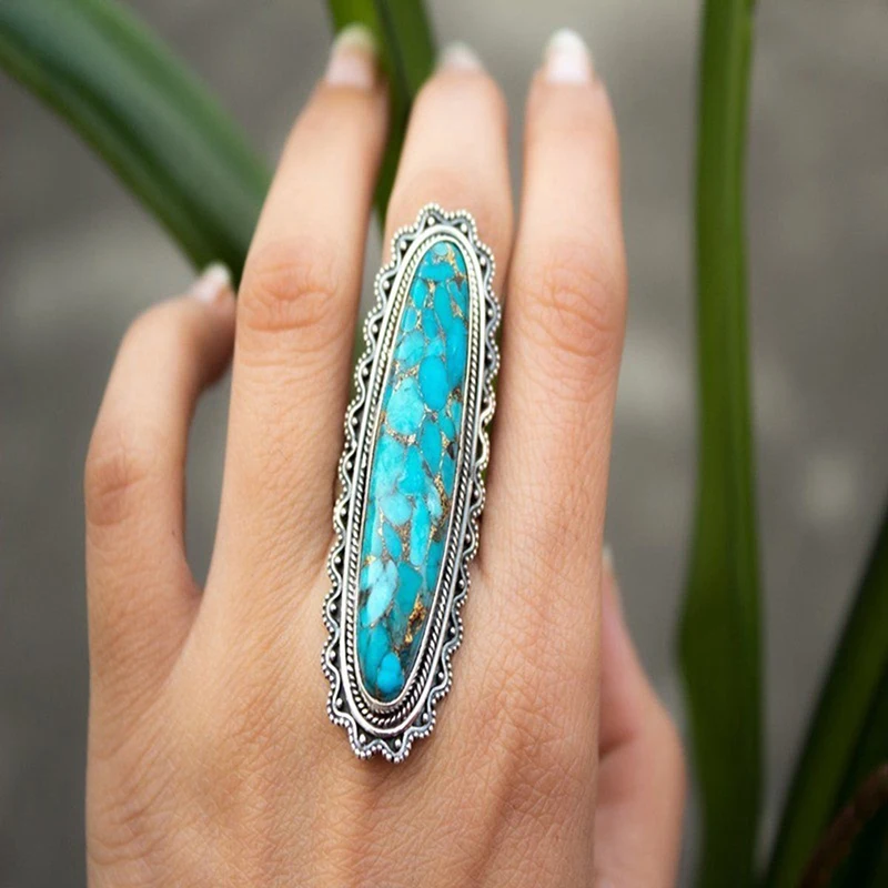 

Fashion Jewelry Vintage Look Tibetan Alloy Antique Silver Plated Personality Green Oval Calaite Ring Female Ring