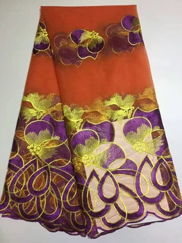 

African Swiss Voile French Tulle Lace Fabric Wedding Dress Material Mesh Embroidered Orange High Quality 5yards
