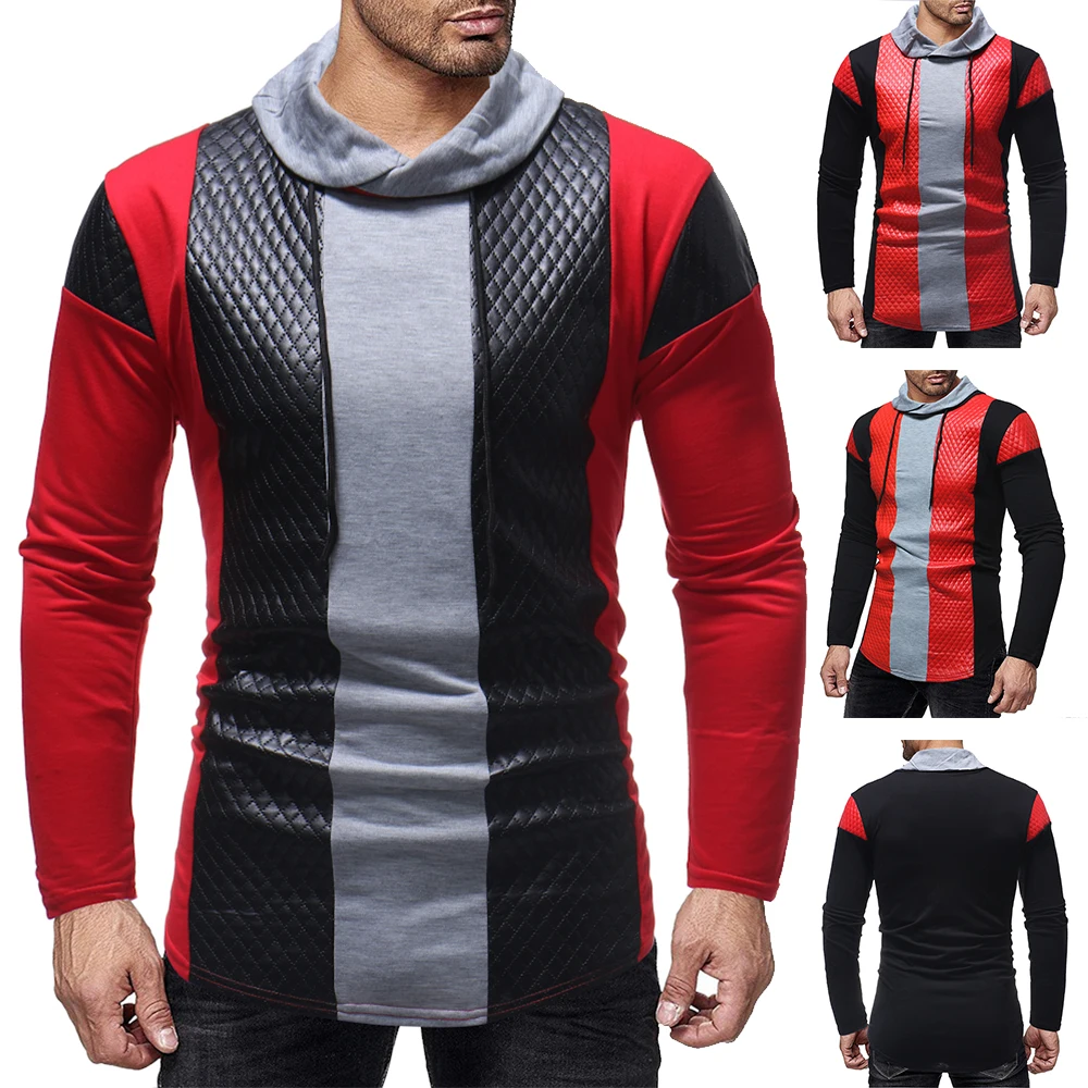 

2019 Hot Mens Rhombic PU Leather O-neck Sweatshirt Patchwork Hoodies & Sweatshirts Slim Sportswear Stack Collar Tracksuits Men