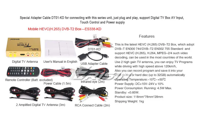 Erisin ES338-KD автомобильный мобильный цифровой HDTV DVB-T2 приемник HEVC H.265 H.264 HDMI USB для ES75XX серии ES76XX