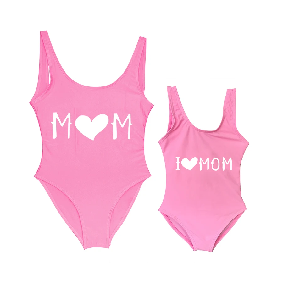 New Baby Swimwear Girls' One Piece Swimsuit I LOVE MOM Heart Letter Printing Bathing Suit Cute Mom Baby Kid Bathing Suits Bather 10