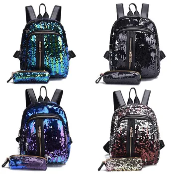 

2pcs/Set Glitter Sequins Backpack New Teenage Girls Fashion Bling Rucksack Students School Bag with Pencil Case Clutch Mochilas