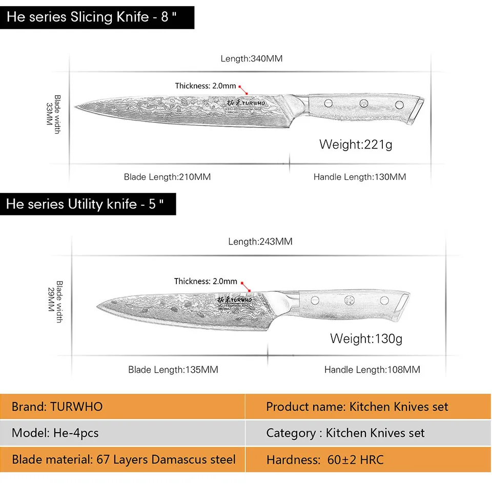 TURWHO 4 шт. набор кухонных ножей Pro 67 слоев японской дамасской стали шеф-повара сантоку нож для нарезки нож G10 Ручка кухонные инструменты