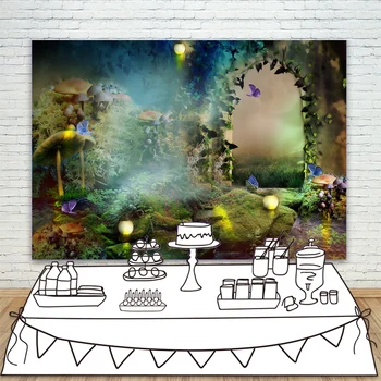 

Wonderland Background For Photo Studio Magic Fairytale Leaf Arch Door Mushroom Butterflies Backdrop Photocall Photobooth Prop