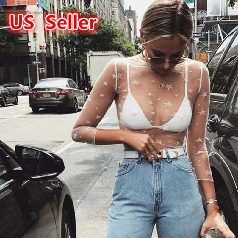 

2018 Fashion Sexy Newly Women Ladies Summer See Through Long Sleeve Pullover Stars Print Slim Tops Size S-XL