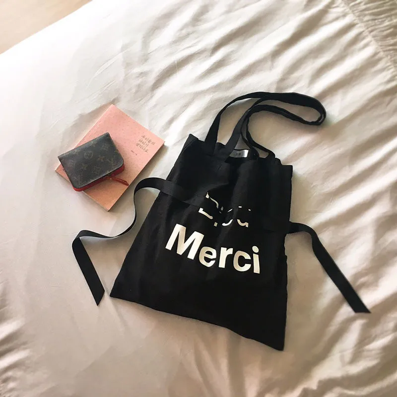 

YILE 4 Color Cotton Canvas Eco Shopping Tote Shoulder Bag Print Letters Ribbon 517-3