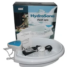 Hydrosana foot spa включает синий контроллер, тазик для ног, адаптер питания и ионный массив