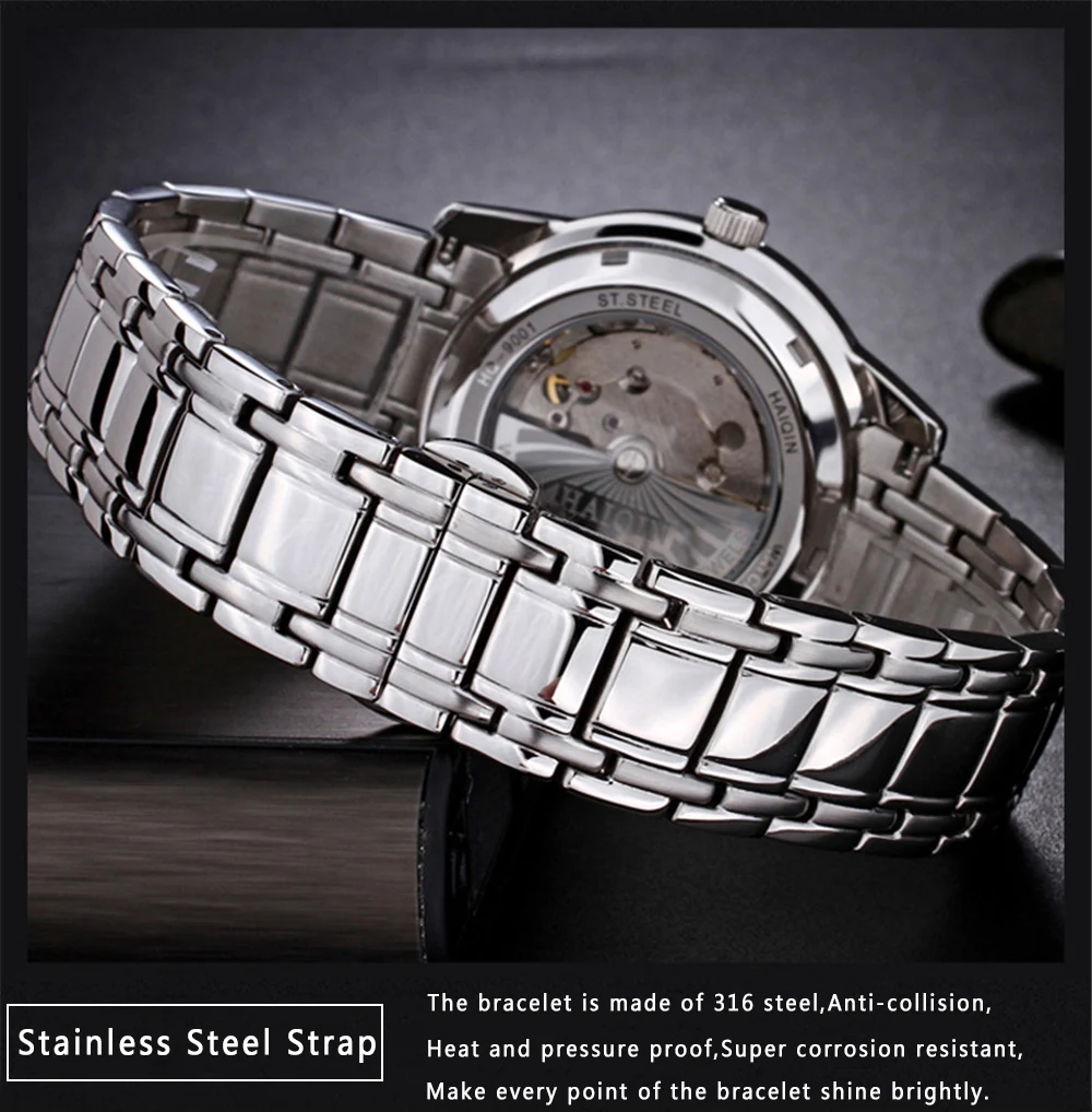 Мужские часы от ведущего бренда HAIQIN, Роскошные автоматические механические часы для мужчин, полностью стальные деловые водонепроницаемые спортивные часы