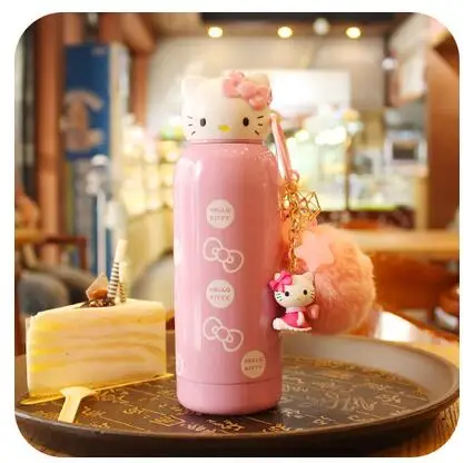 280 мл мультяшная бутылка hello kitty из нержавеющей стали Милая бутылка бутылка для воды для детей garrafa de agua - Цвет: pink with pendant