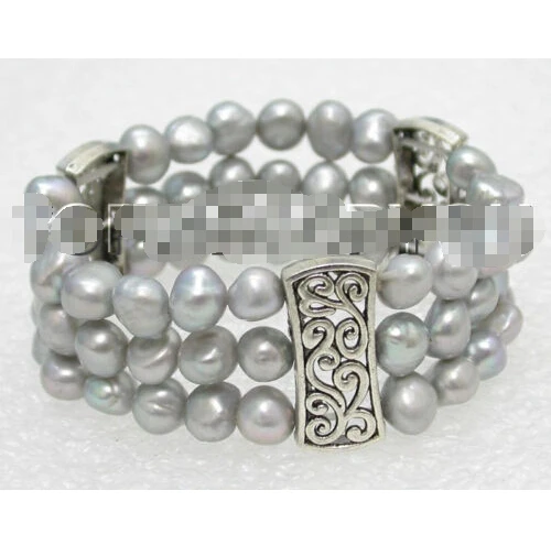 

Free shipping >>>>>>Wonderful 3rows 9mm soft gray baroque pearls rubbery bracelet E1133