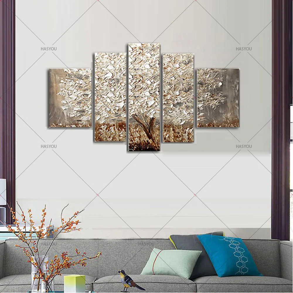 5 панелей абстрактная картина маслом с серебряным деревом ручная роспись на холсте акриловая Современная Настенная картина для домашнего декора стен