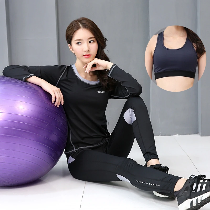 Черный Aipbunny, эластичный женский спортивный костюм для спортивной йоги, комплект из 3 предметов, спортивный костюм, комплект для занятий йогой, Кроссфит, прохладная сушка, впитывающая пот Спортивная одежда - Цвет: Черный