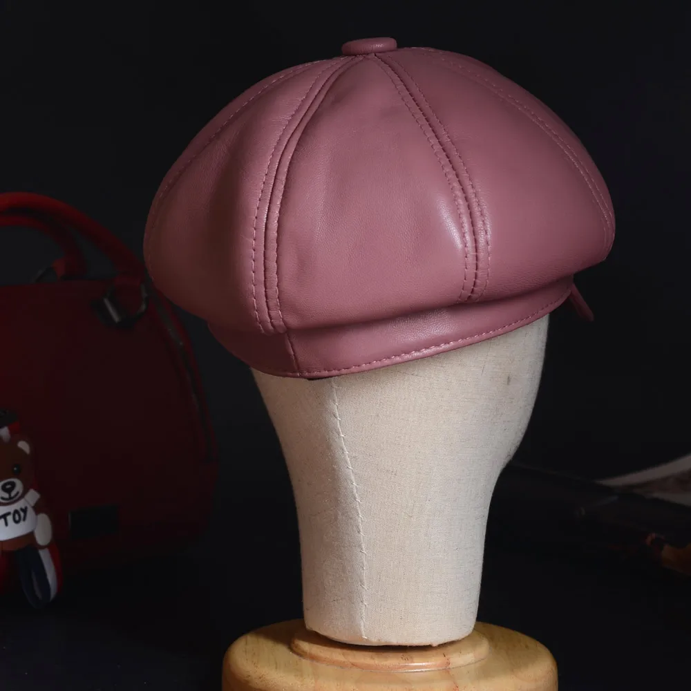 Women's Ladies Genuine Leather Sheep Skin Fashion Colorful Beret Octagonal Cap Painter Cap Newsboy Jazz Caps/Hats