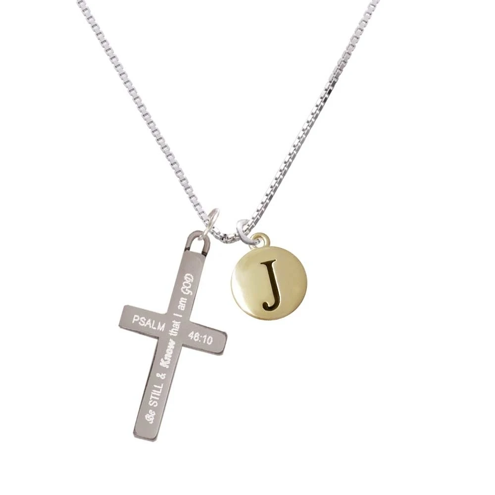 Capital Gold Tone Letter - J - Pebble Disc - - Be Still and Know - Cross Necklace