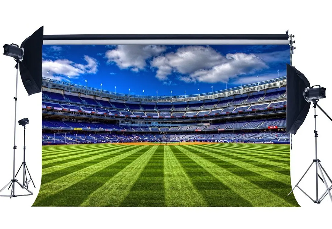 Football Field Backdrop Stadium Green Grass Meadow Crowd Flags Blue Sky