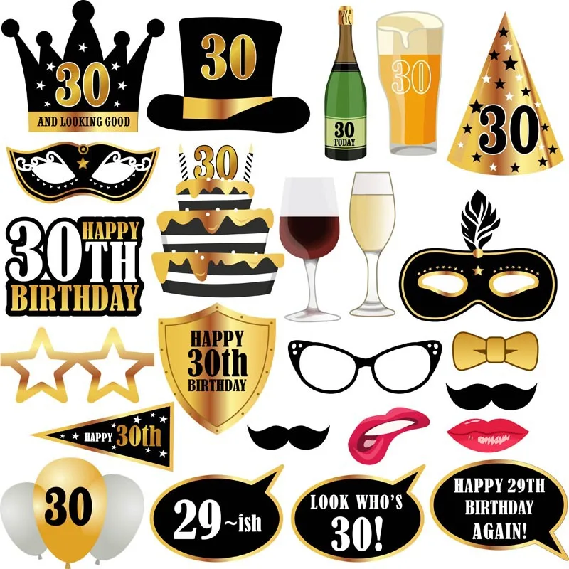 

1Set Photo Props Adult 30 Years Old Birthday Man Woman Moustache Paperboard 30th Celebration Happy Birthday Party Decorations