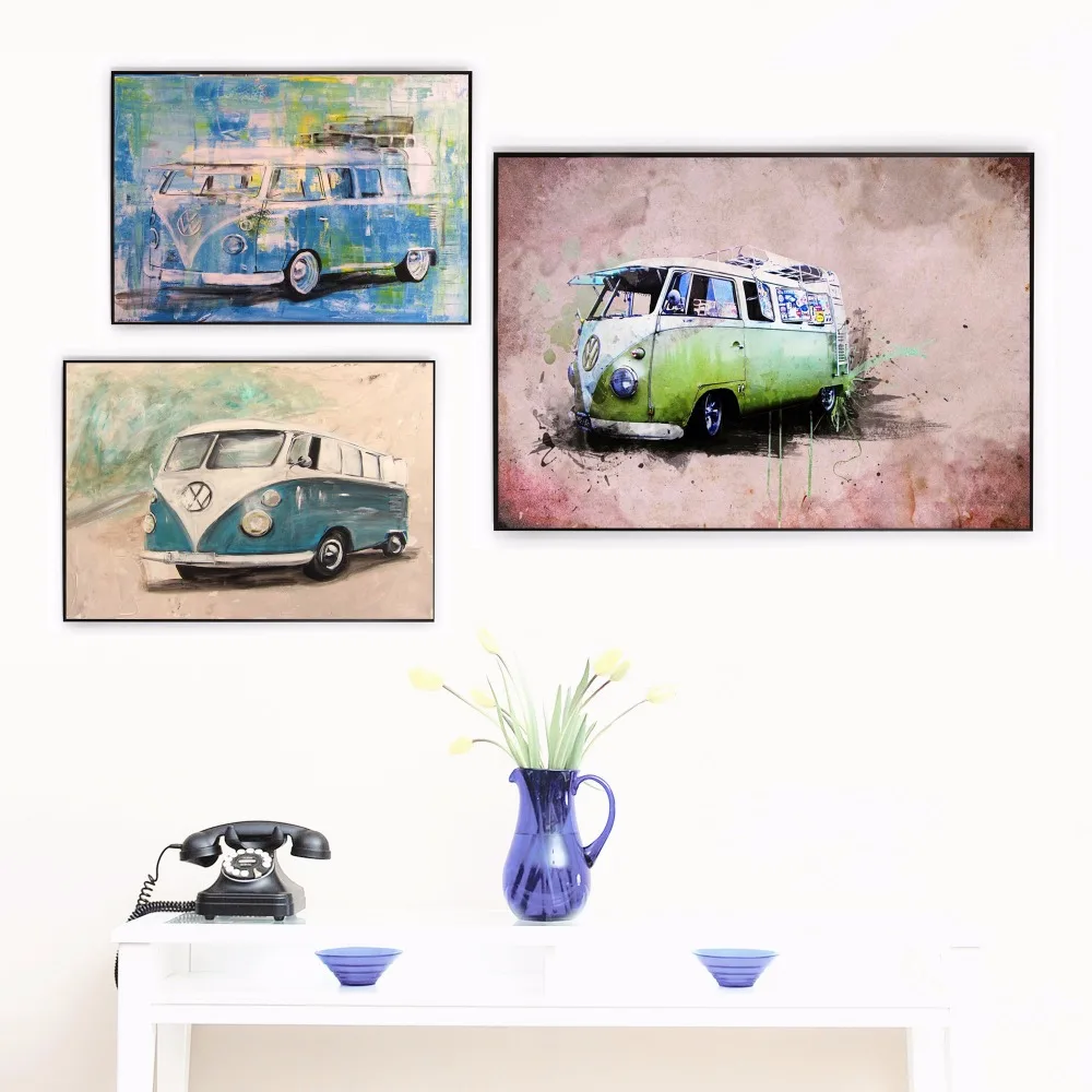 VW Bulli Bus Watercolor Canvas Art Print Painting Poster Wall Pictures