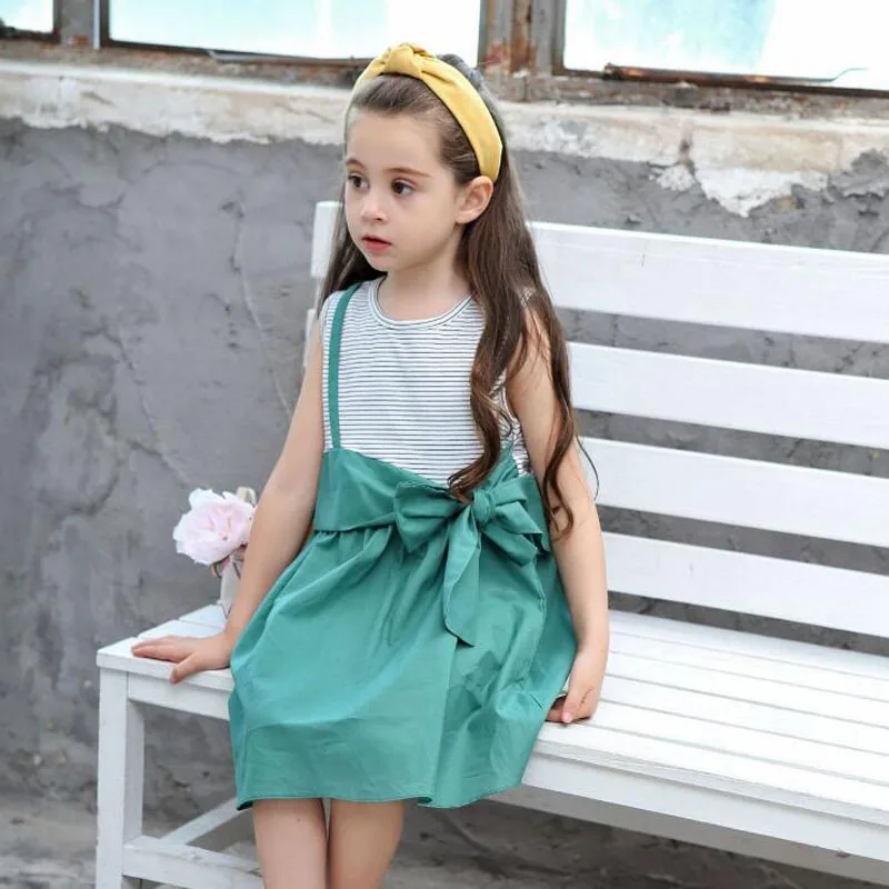 

MERI AMMI Children Girl Clothing Short Sleeve Bowknot Dress Stripes Summer Cotton Dress For 2-7Year Girl