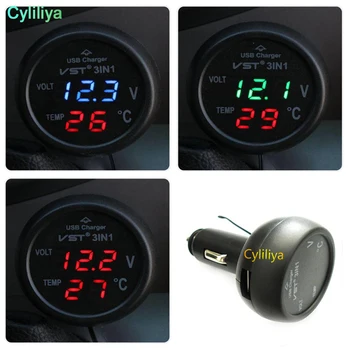 

3 in 1 VST-706 Digital LED car Voltmeter Thermometer Auto Car USB Charger 12V/24V Temperature Meter Voltmeter Cigarette Lighter