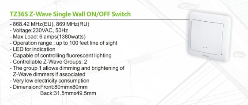 Z-Wave Plus ЕС 868,42 МГц одной стены вкл/выкл переключатель гнездо модуля TZ36S с одной весло 80x80 мм Максимальная нагрузка 1380 Вт