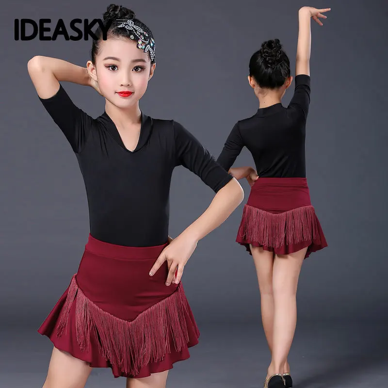 

girls latin dance dress tassel ballroom competition for child long sleeves with fringes kids samba salsa Cha Cha costumes skirt