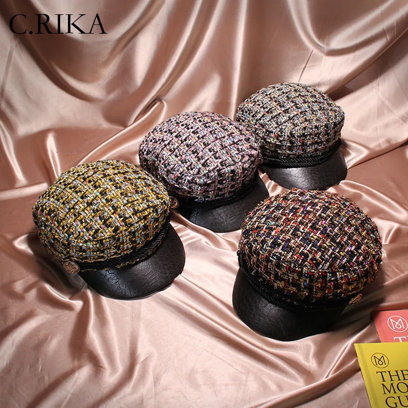 

New Small Sweet Wind flat top beret hats women Autumn Winter Octagonal cap newsboy cap tweed plaid girls fashion military hats