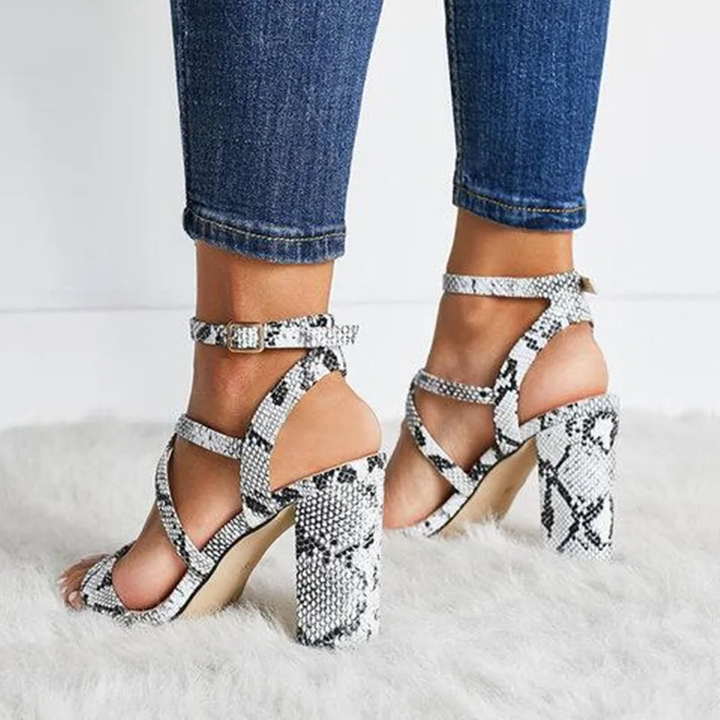 Women Prints Snakeskin Sandals Pumps Super High Heels 10CM Square heel Lady Party Sandals Open Peep Toe Shoes Plus Size 34-43