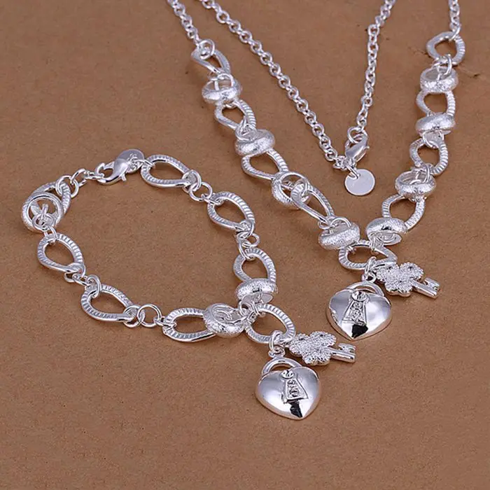 

925 jewelry silver plated jewelry set, fashion jewelry set Inlaid Heart Lock And Flower Key /cjbalaia ctyallfa LKNSPCS031