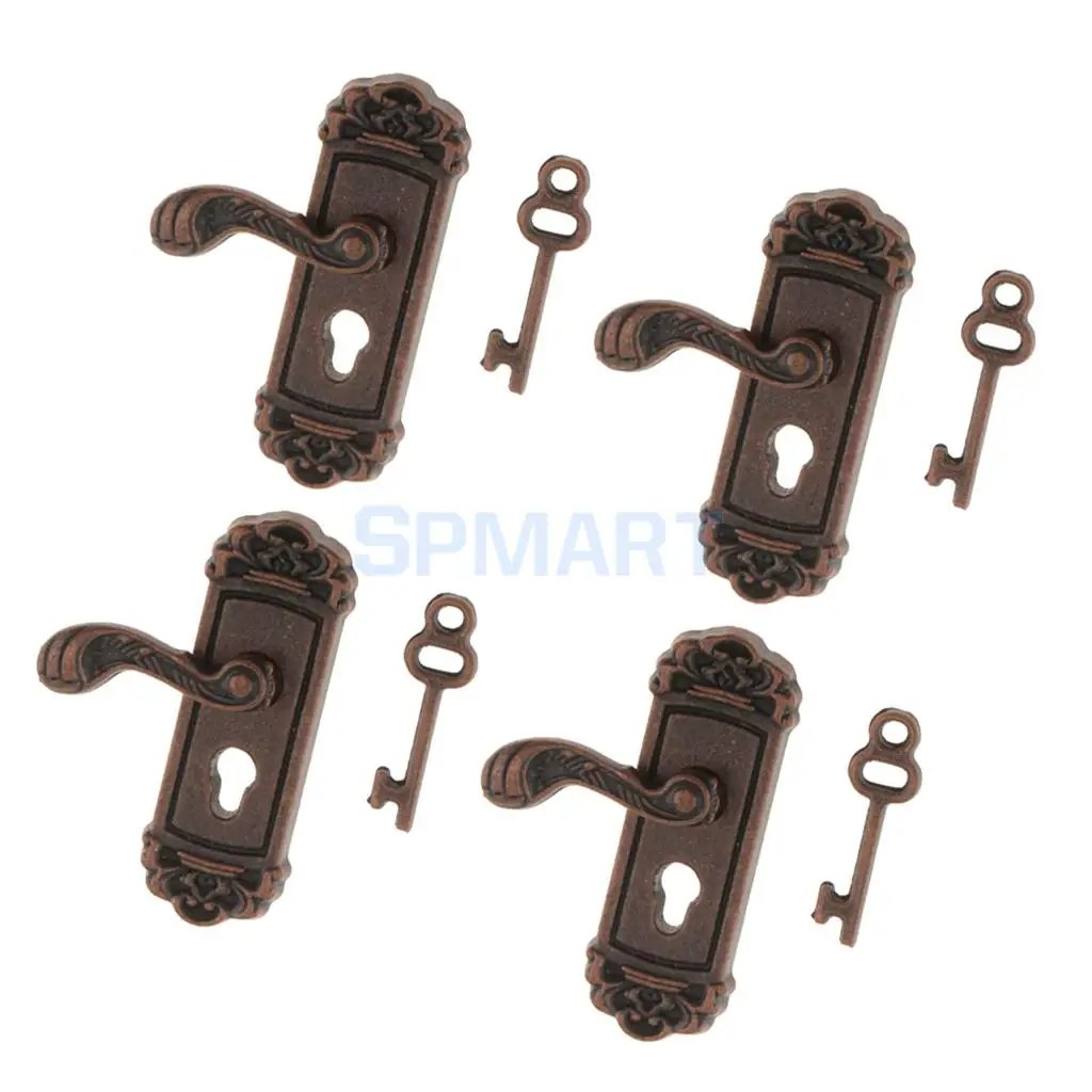 4 Pieces 1/12 Dollhouse Miniature Vintage Door Locks Keys - Left Handle