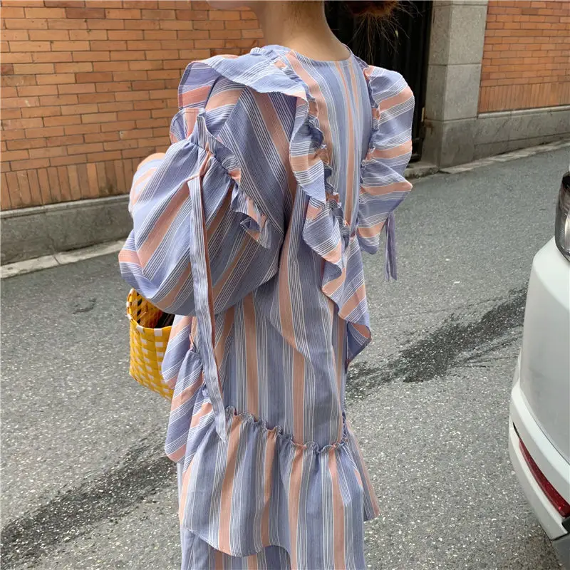 HziriP جديد خمر 2019 الربيع الصيف قميص مكتب أنيقة س الرقبة النساء مخطط أنيقة السيدات منتصف العجل Preppy نمط بلوزة