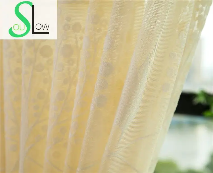 Slow Soul amarillo Europa América Encaje hueco decoración cortina floral Cortinas tulle para sala cocina dormitorio