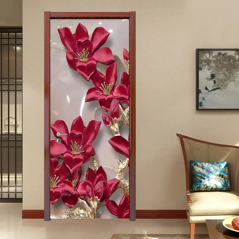 Самоклеющиеся ПВХ наклейки на двери 3D стерео красные цветы обои для гостиной кухни классические водонепроницаемые наклейки на двери виниловые 3D фрески