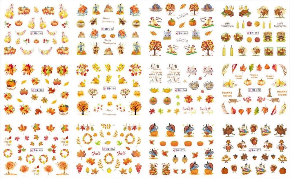 

12 PACK/ LOT WATER DECAL NAIL ART NAIL STICKER FULL COVER THANKSGIVING DAY MAPLE LEAVES TURKEY PUMPKIN BN361-372