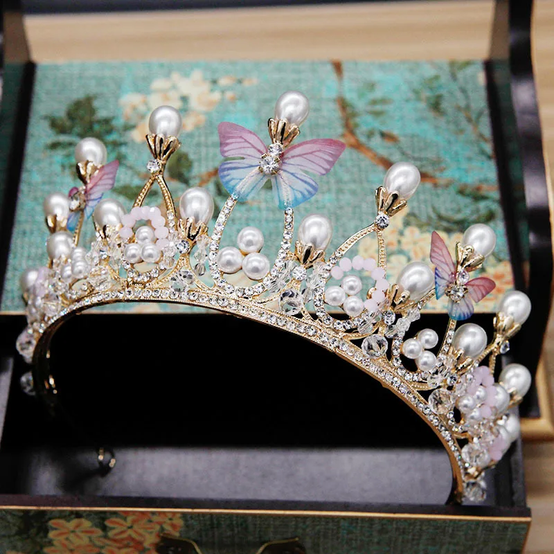 KMVEXO милый романтический розовый синий бабочка короны Свадьба Выпускной принцесса девушки Кристалл Корона с жемчугом головная повязка невесты головной убор диадема