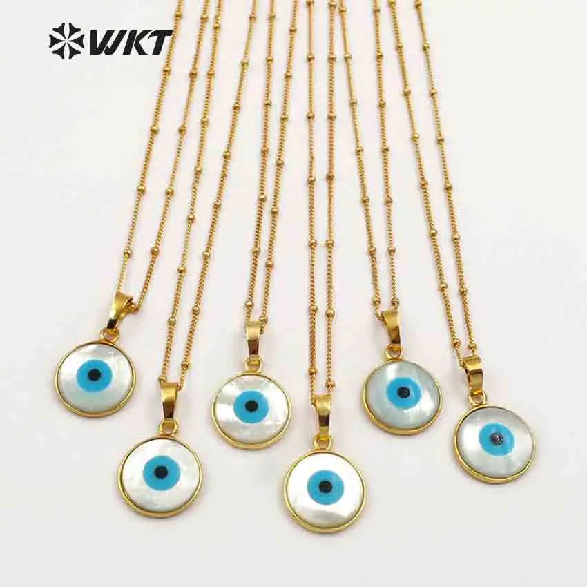 

WT-JN048 WKT Round Shape Evil Eye Pendant Natural White Shell With Gold Bezel Pendant Necklace For Women Jewelry Gift For Female