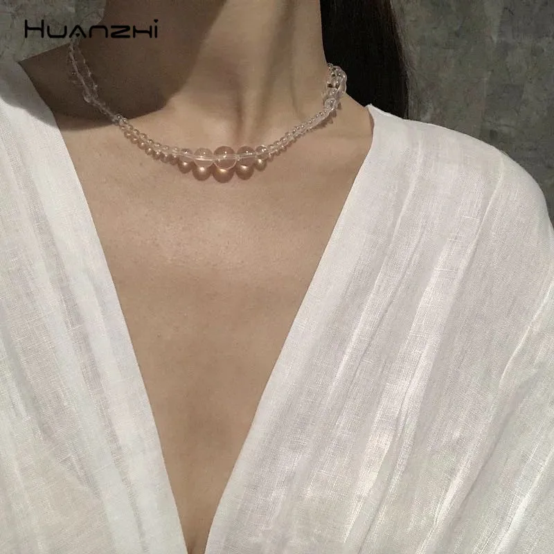 

HUANZHI New Transparent Beading Choker Personality Elegant Sweet Short Chain Necklaces For Women Girls Party Jewelry Gifts