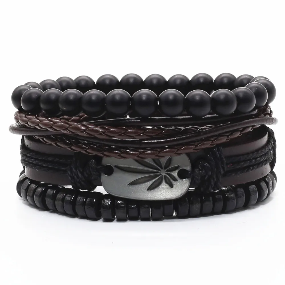 4pcs/set Leaf Feather Words Charm Black Brown Leather Beads Women Bracelets Men Male Femme Jewelry