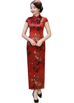 

Shanghai Story 2019 Faux Silk Chinese Cheongsam Dress Short Sleeve Long Floral Qipao Chinese Oriental Dress For Woman