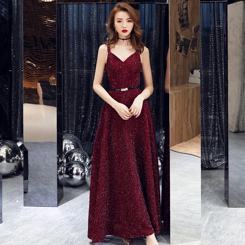 

Formal Evening Dresses Long 2019 New Women Elegant Wine Red Black V neck Sleeveless Evening Dresses LF360