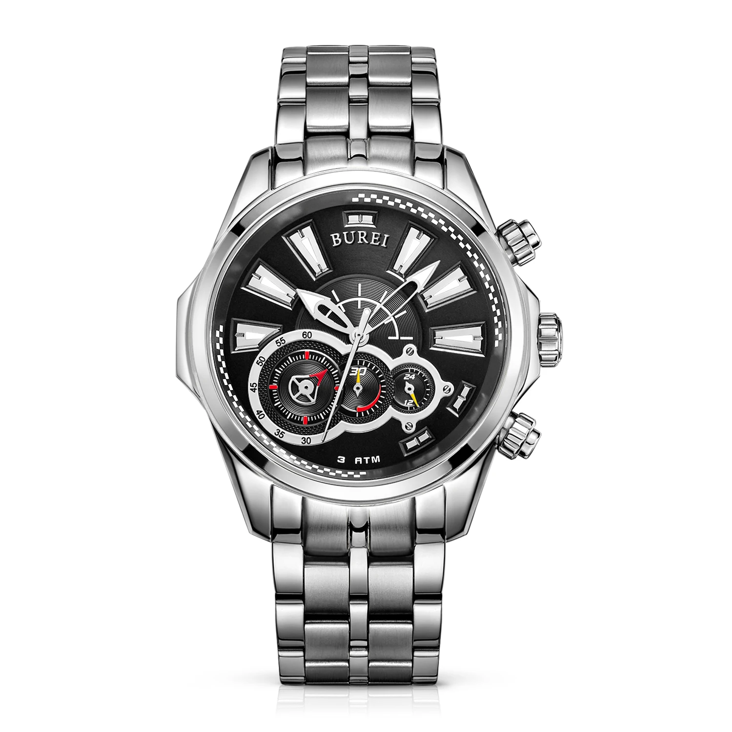 

BUREI 17001 Switzerland watches Men's Luminous Chronograph Wrist Watch with Silver Bracelet, Silver Black Bezel Black Dial