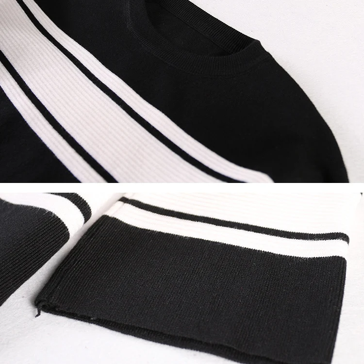 Winter 2 Pieces Sets Knitted Three-quarter Sleeve Sweater Skirt Suit Elastic Waist Skirts & Striped Pullover Women Outfits Mujer