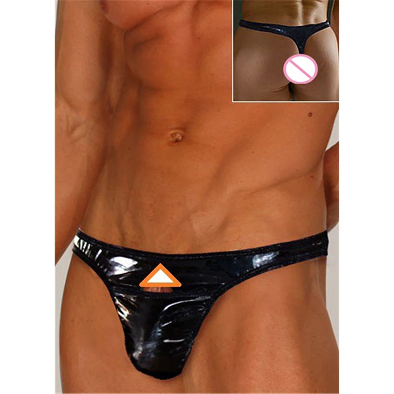 Retail Black Panties & Briefs For Male Sexy Elastic Faux Leather Latex Underwear Low Waist Gay Men Jockstrap Panties Lingerie